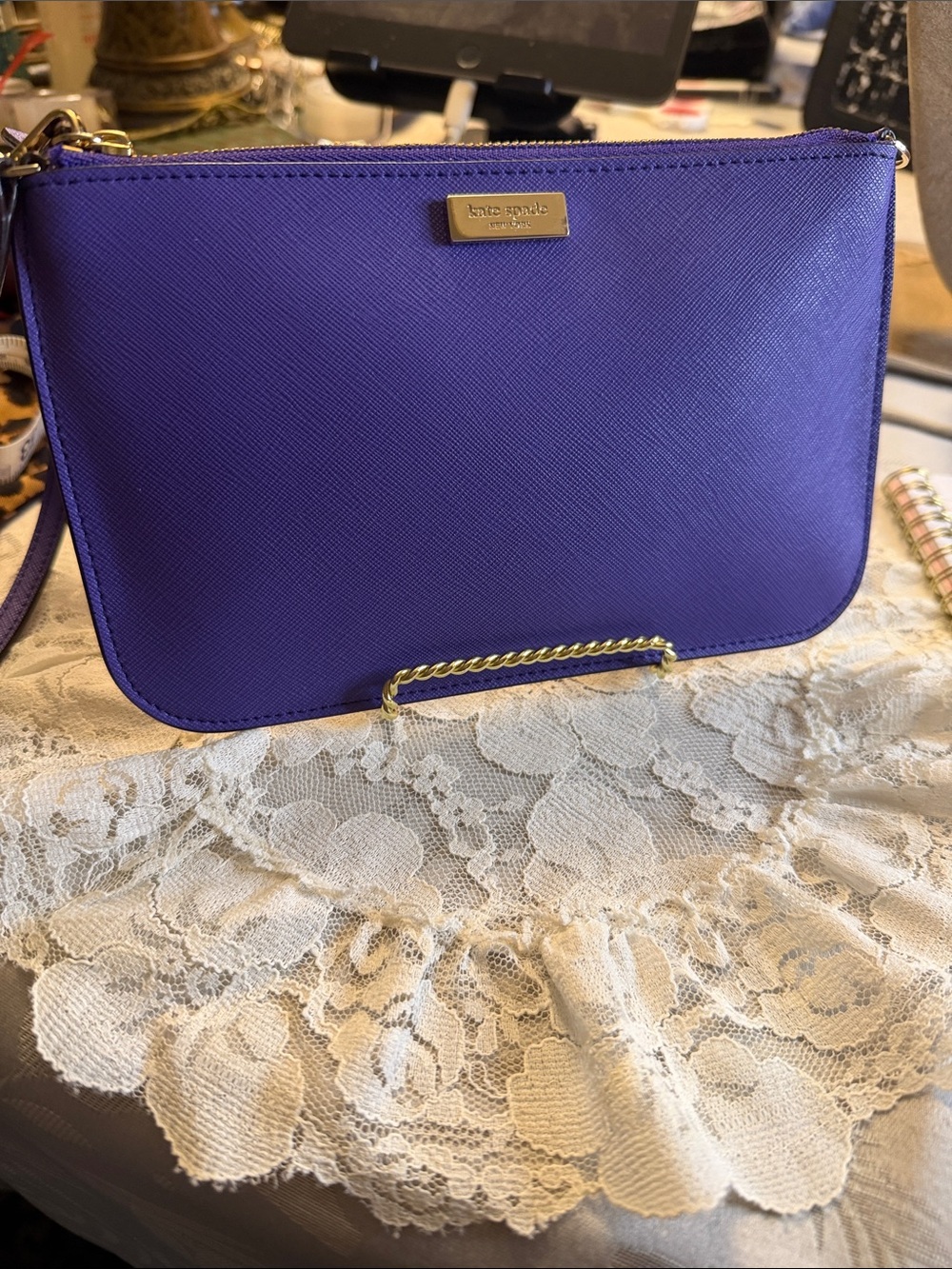 kate spade purple saffiano wristlet clutch with gold-tone hardware